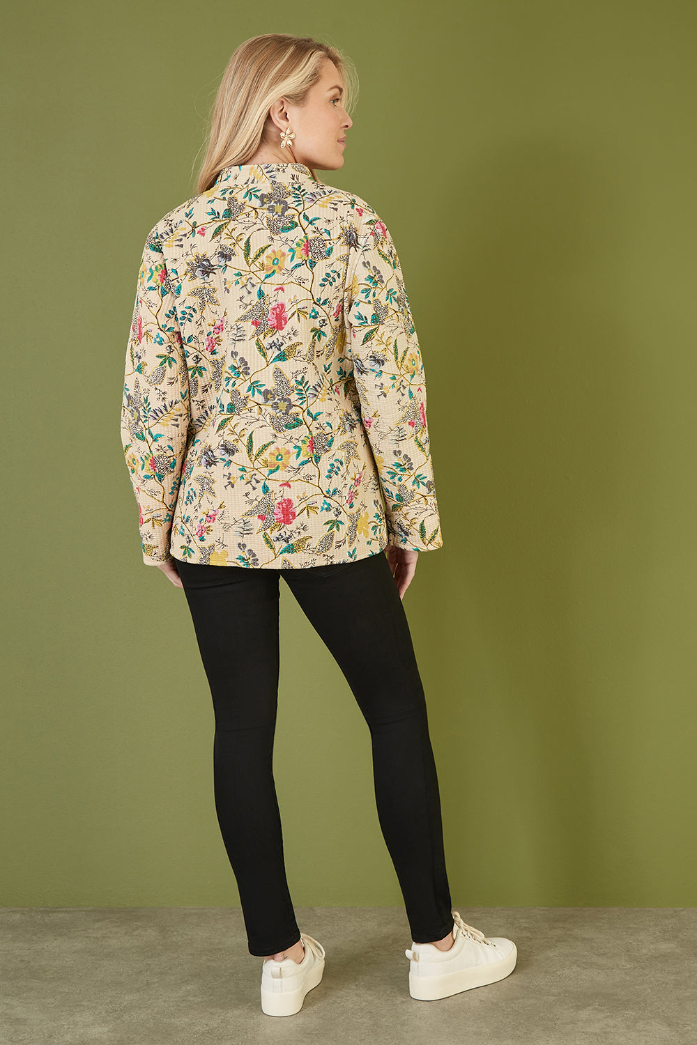 Yumi Stone Floral Print Reversible Cotton Quilted Jacket