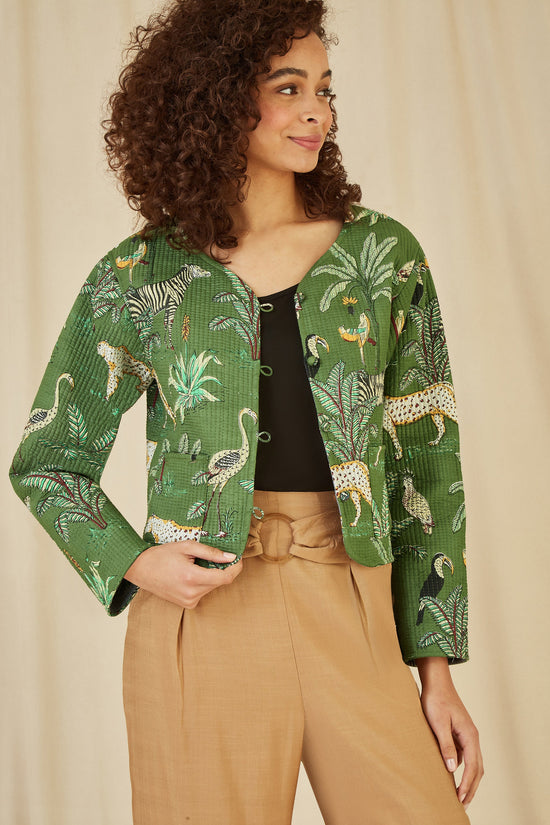 Yumi Green Animal Print Reversible Cotton Cropped Quilted Jacket - QHA UK