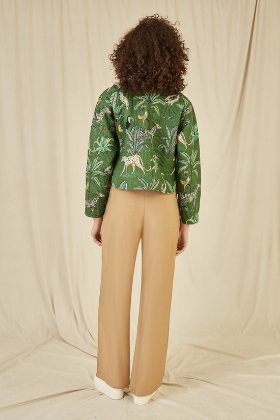 Yumi Green Animal Print Reversible Cotton Cropped Quilted Jacket - QHA UK