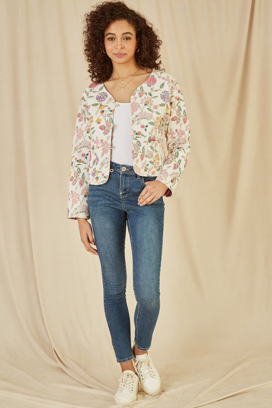 Yumi White Floral Print Reversible Cotton Cropped Quilted Jacket - QHA UK