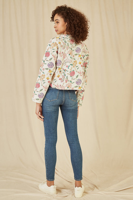 Yumi White Floral Print Reversible Cotton Cropped Quilted Jacket - QHA UK