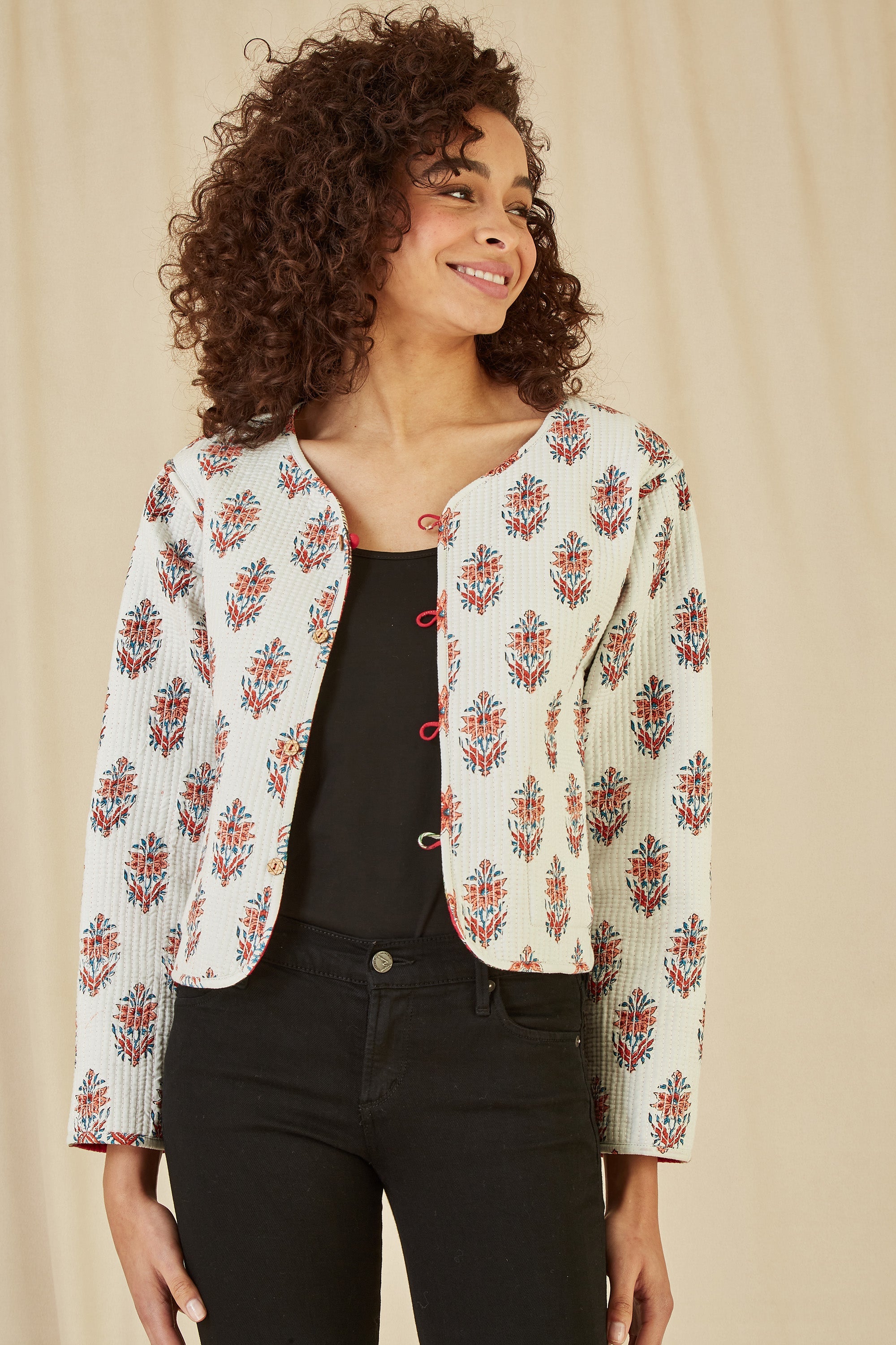 Yumi Red Animal Print Reversible Cotton Cropped Quilted Jacket - QHA UK