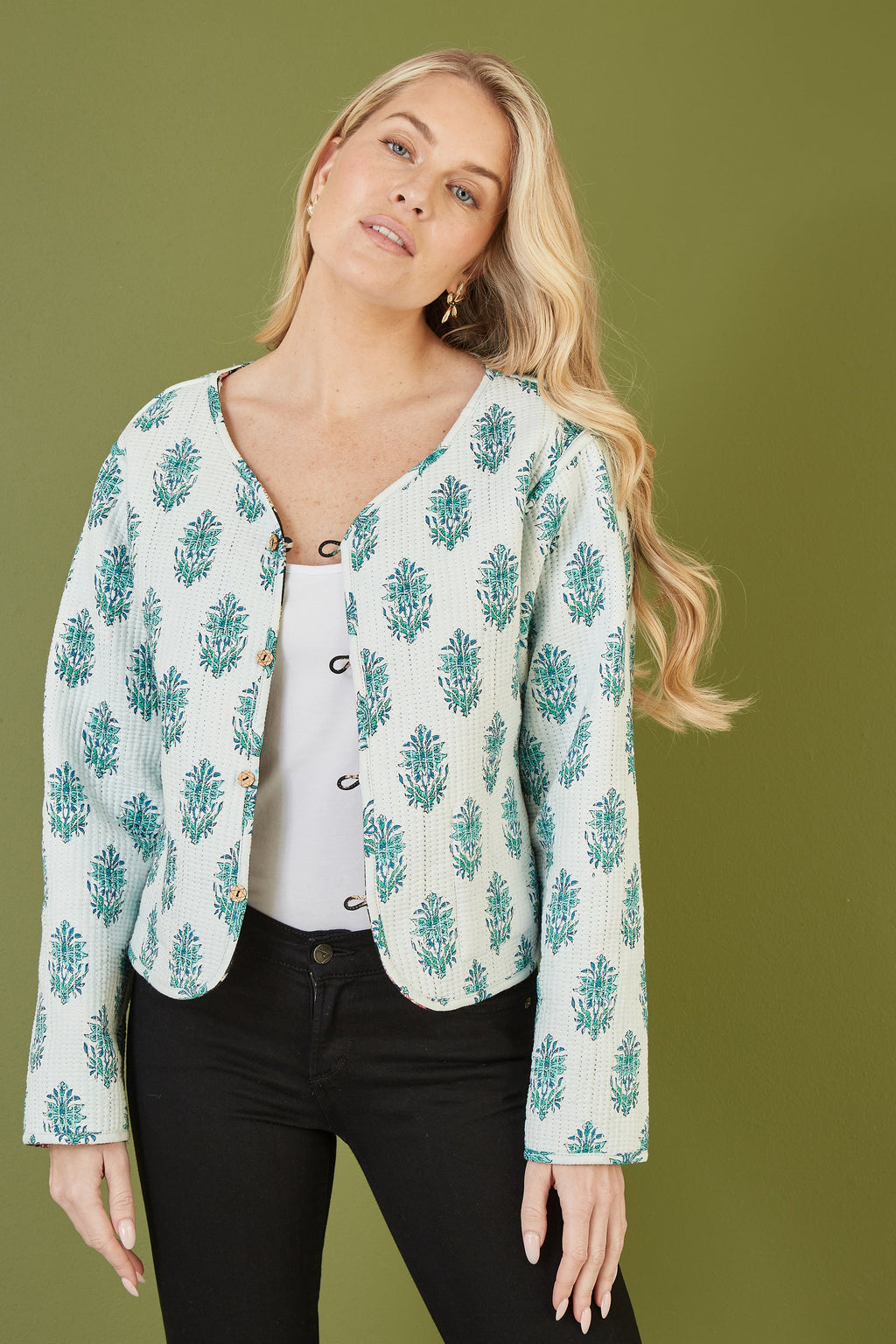 Yumi Black Floral Print Reversible Cotton Cropped Quilted Jacket - QHA UK