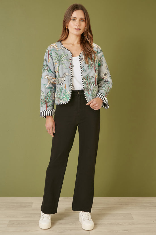 Yumi Grey Animal Print Reversible Cotton Cropped Quilted Jacket - QHA UK