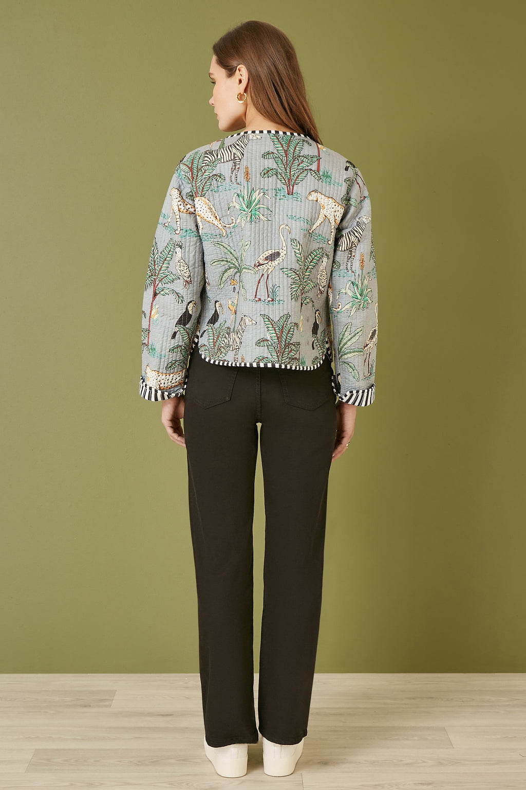 Yumi Grey Animal Print Reversible Cotton Cropped Quilted Jacket