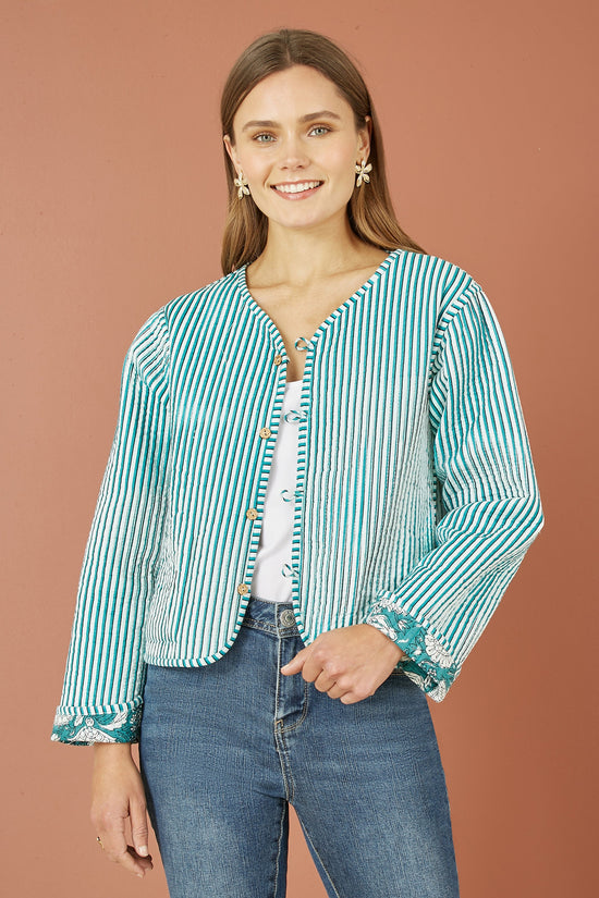 Yumi Green Patchwork Print Reversible Cotton Quilted Jacket - QHA UK