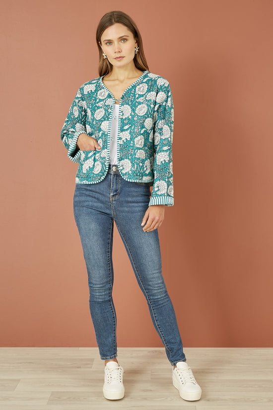 Yumi Green Patchwork Print Reversible Cotton Quilted Jacket - QHA UK
