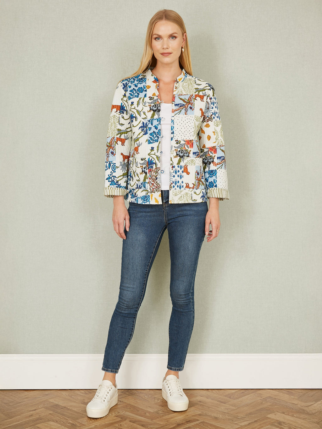 Yumi White Patchwork Print Reversible Cotton Quilted Jacket - QHA UK