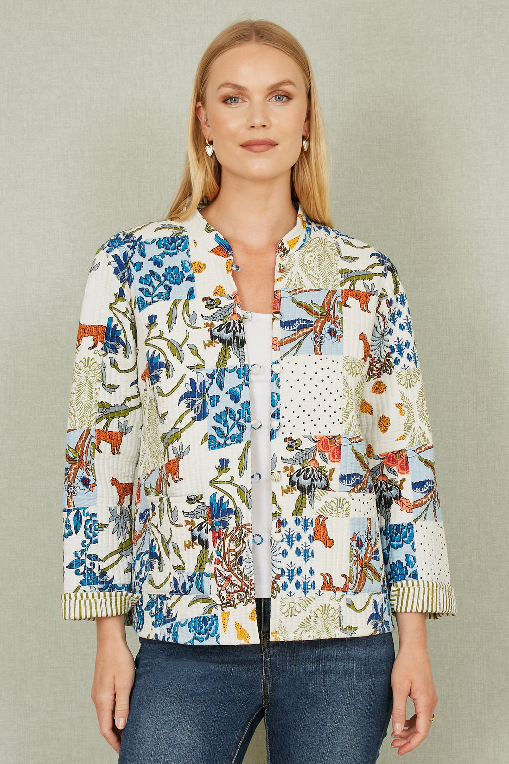 Yumi White Patchwork Print Reversible Cotton Quilted Jacket - QHA UK