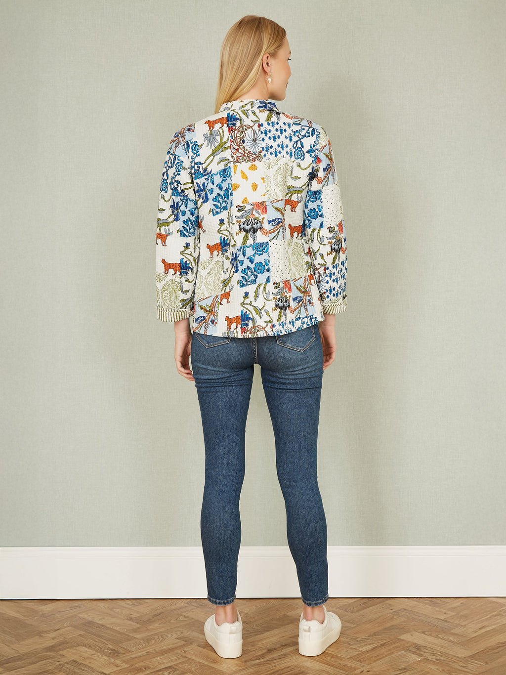 Yumi White Patchwork Print Reversible Cotton Quilted Jacket - QHA UK
