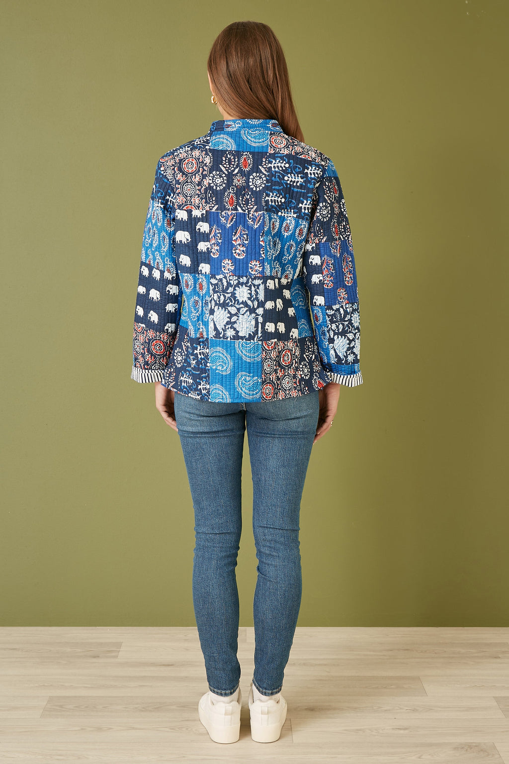 Yumi Blue Indian Patchwork Print Reversible Cotton Quilted Jacket - QHA UK