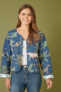 Yumi Blue Animal Print Reversible Cotton Cropped Quilted Jacket - QHA UK