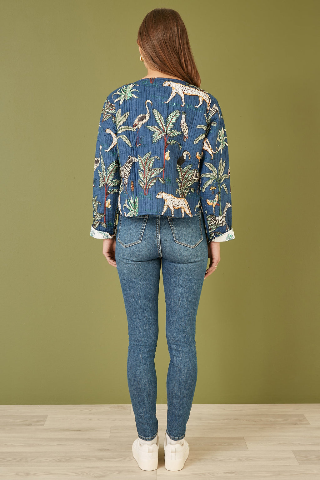 Yumi Blue Animal Print Reversible Cotton Cropped Quilted Jacket