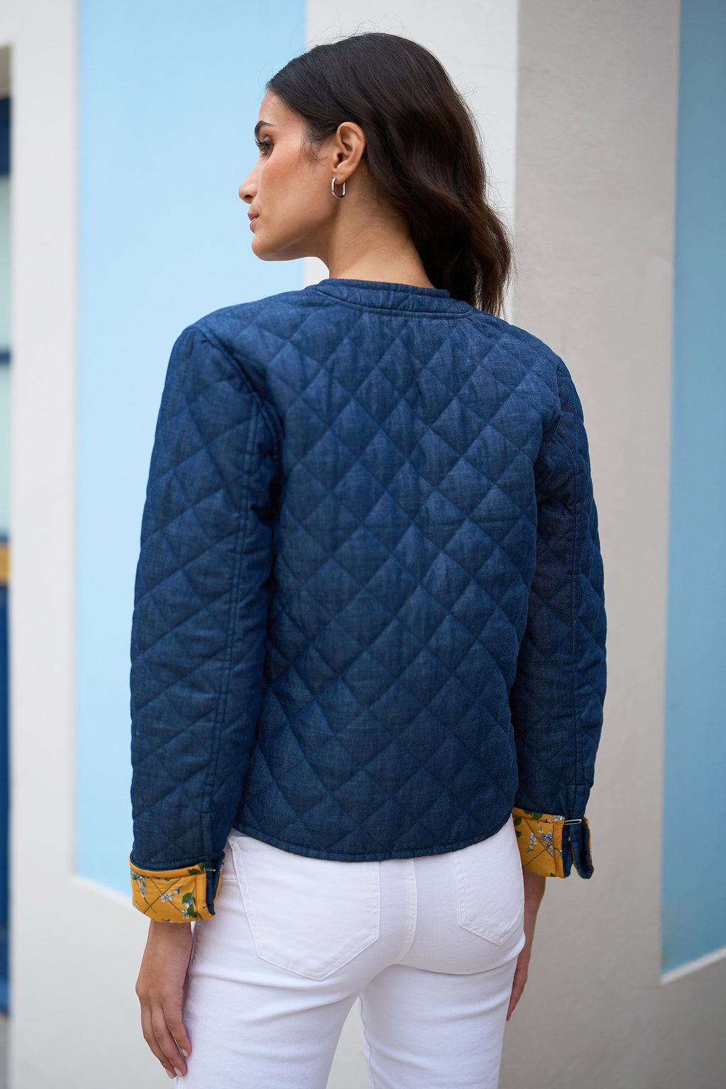 Yumi Blue Chambray Quilted Jacket With Reversible Floral Lining - QHA UK