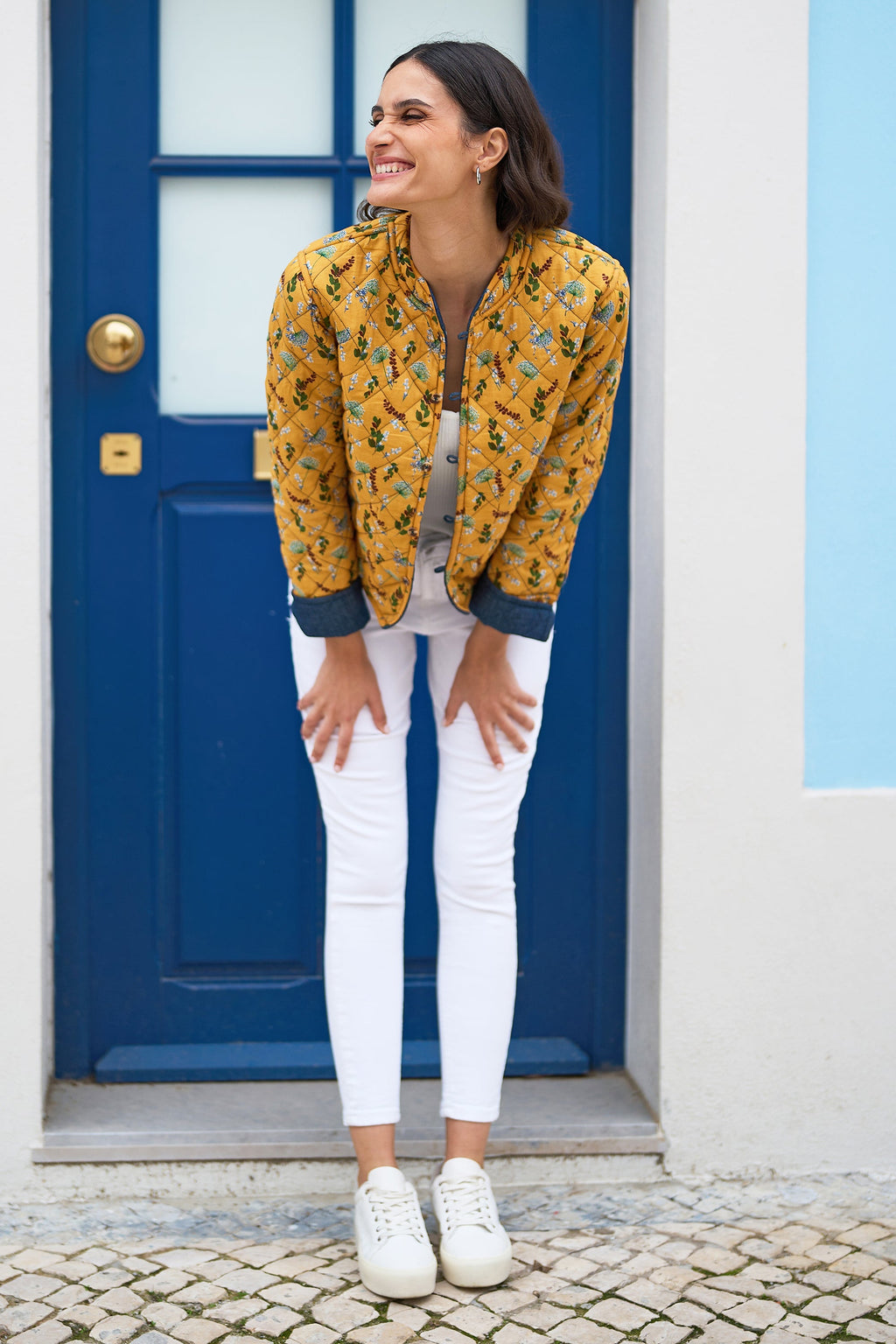 Yumi Blue Chambray Quilted Jacket With Reversible Floral Lining - QHA UK