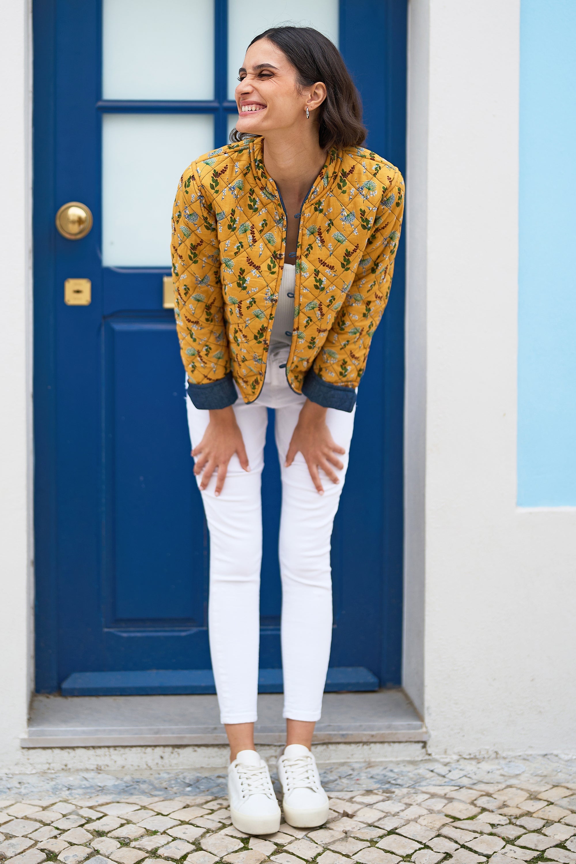 Yumi Blue Chambray Quilted Jacket With Reversible Floral Lining - QHA UK