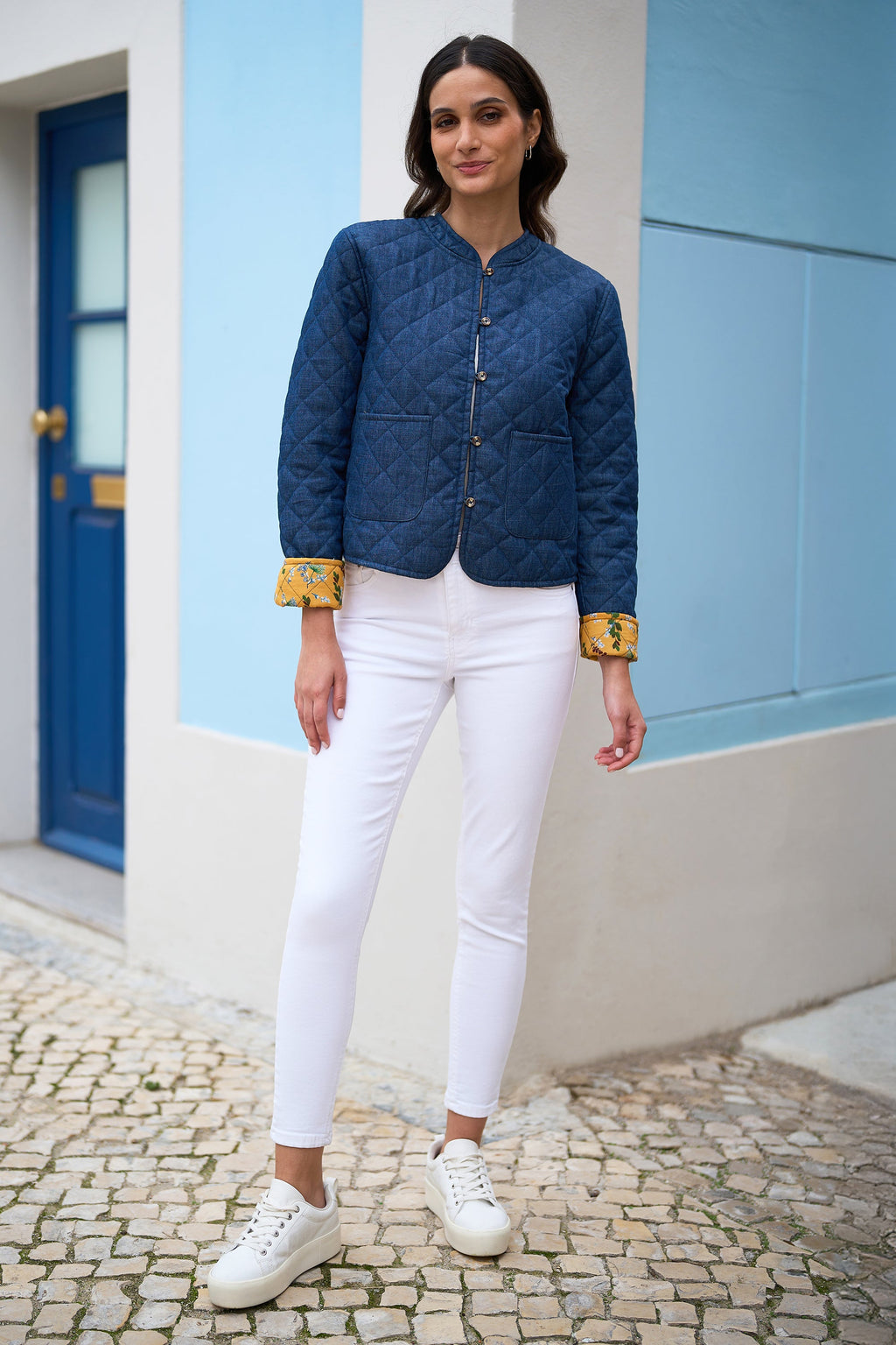 Yumi Blue Chambray Quilted Jacket With Reversible Floral Lining - QHA UK