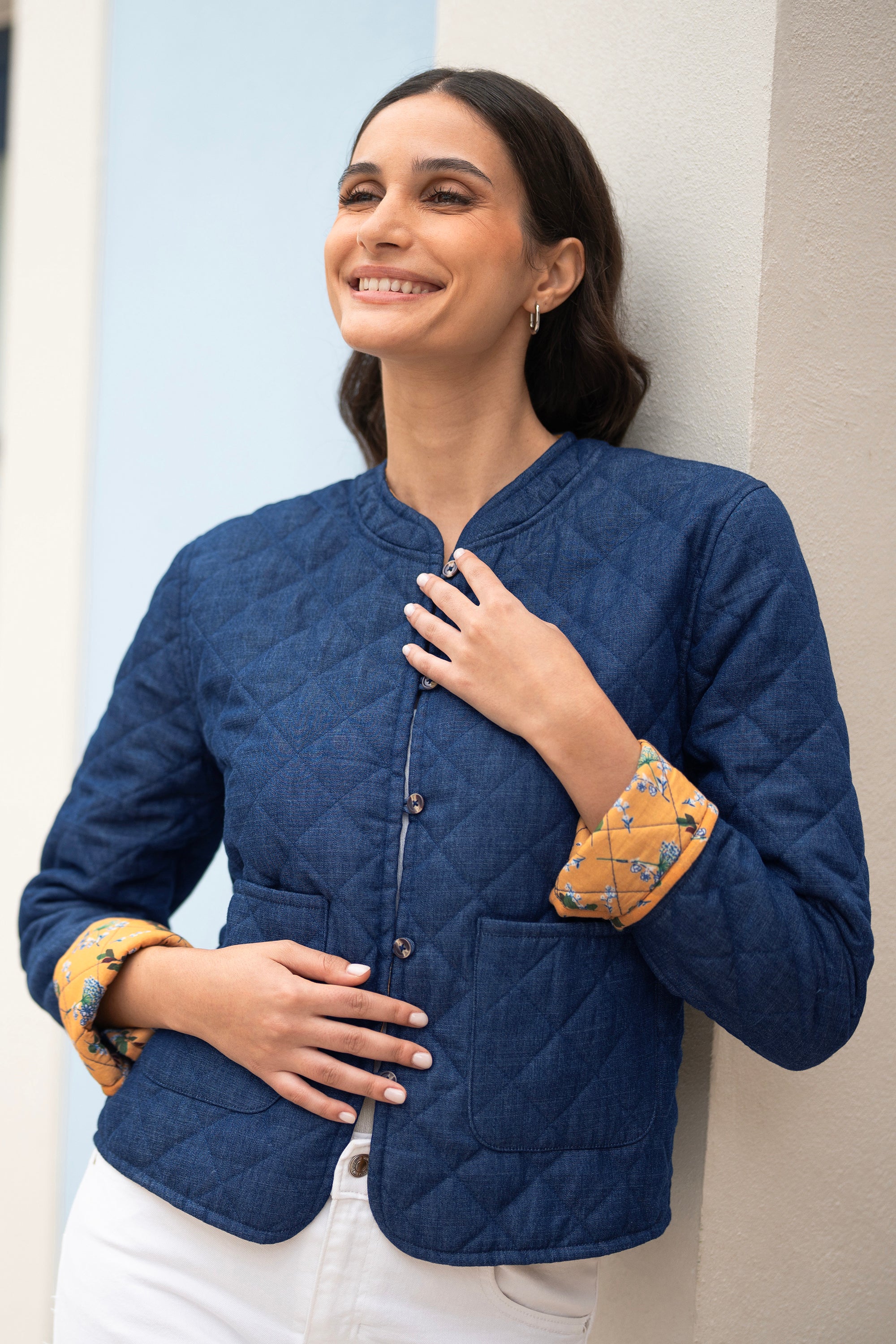 Yumi Blue Chambray Quilted Jacket With Reversible Floral Lining - QHA UK