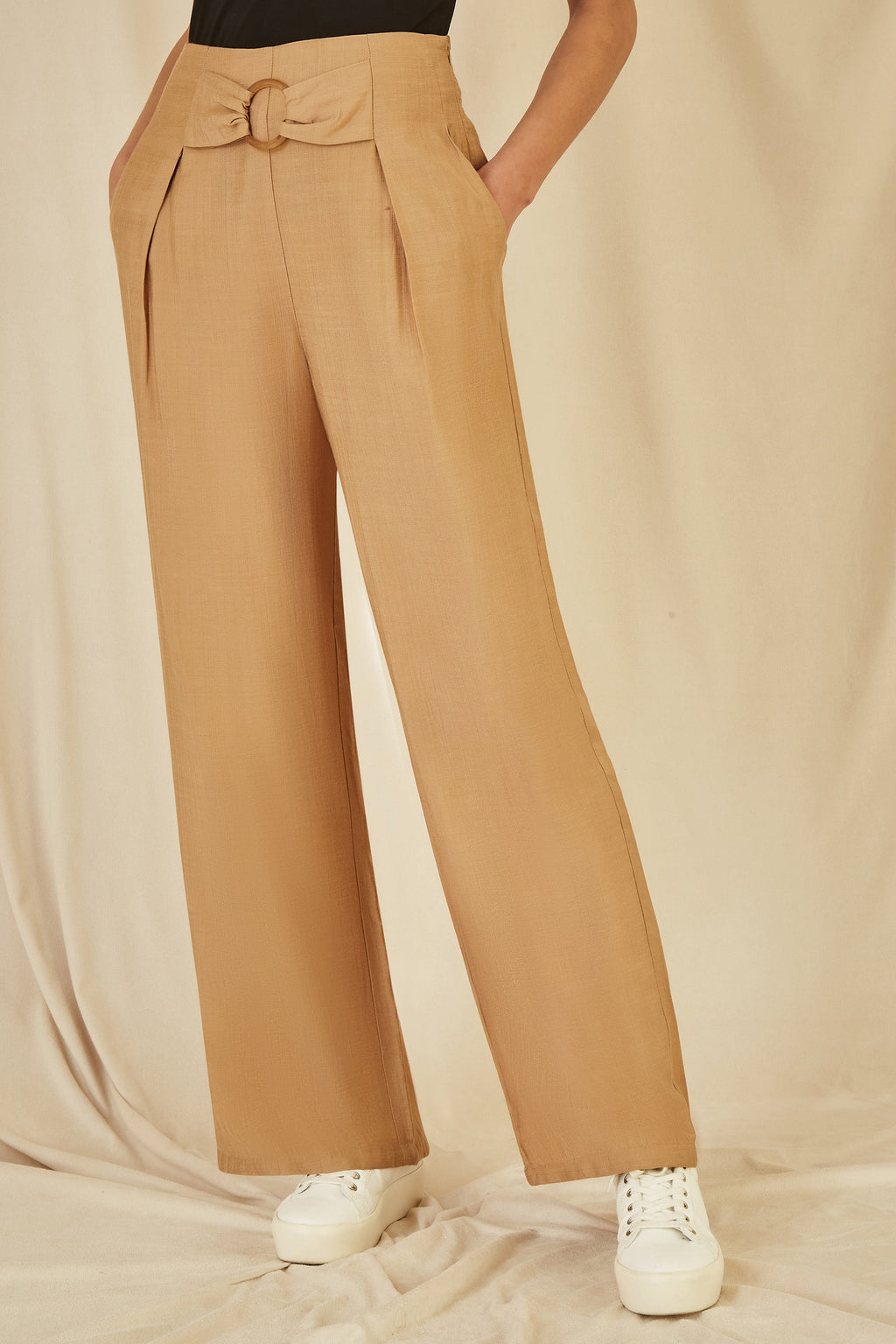 Yumi Brown Wide Leg trousers With Front Buckle Detail - QHA UK