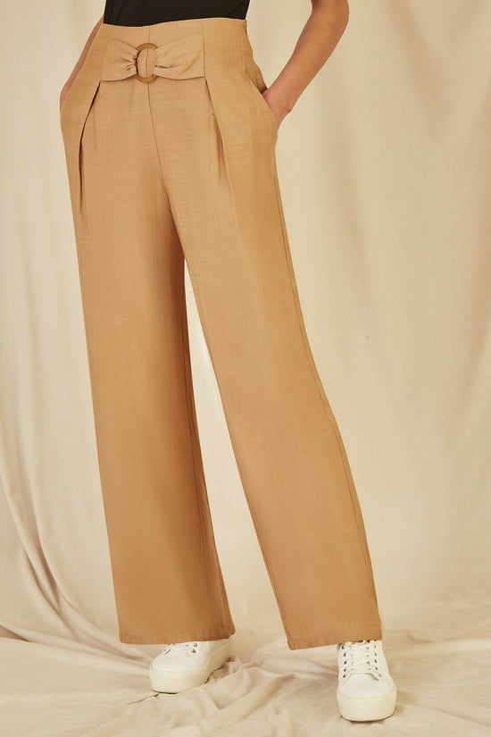 Yumi Brown Wide Leg trousers With Front Buckle Detail - QHA UK