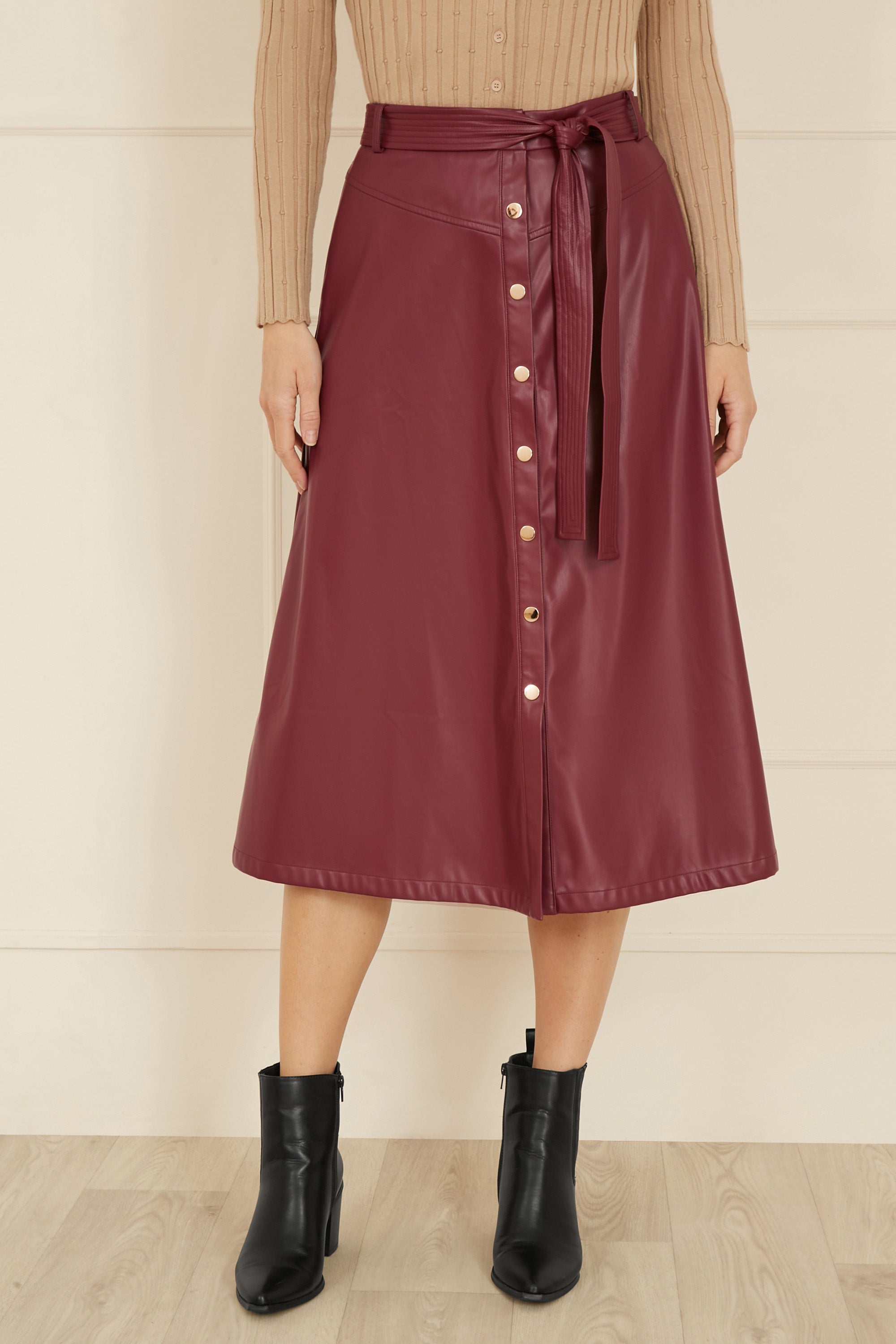 Yumi Burgundy Faux Leather A Line Midi Skirt With Button Up Details - QHA UK