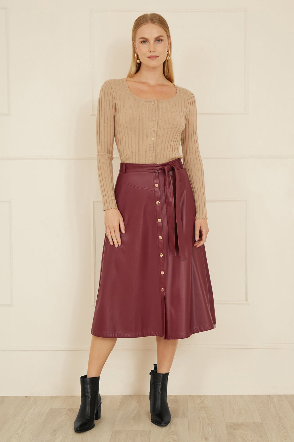 Yumi Burgundy Faux Leather A Line Midi Skirt With Button Up Details - QHA UK