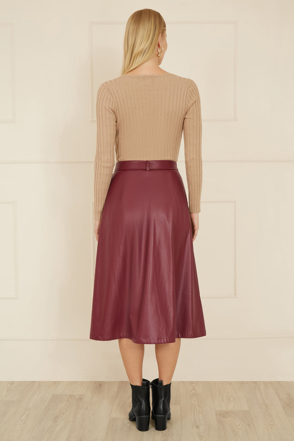 Yumi Burgundy Faux Leather A Line Midi Skirt With Button Up Details - QHA UK
