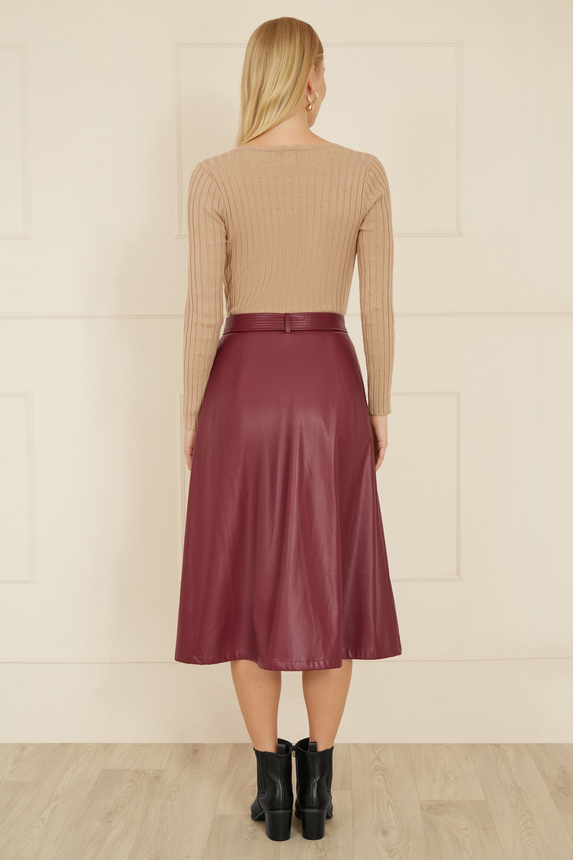 Yumi Burgundy Faux Leather A Line Midi Skirt With Button Up Details - QHA UK