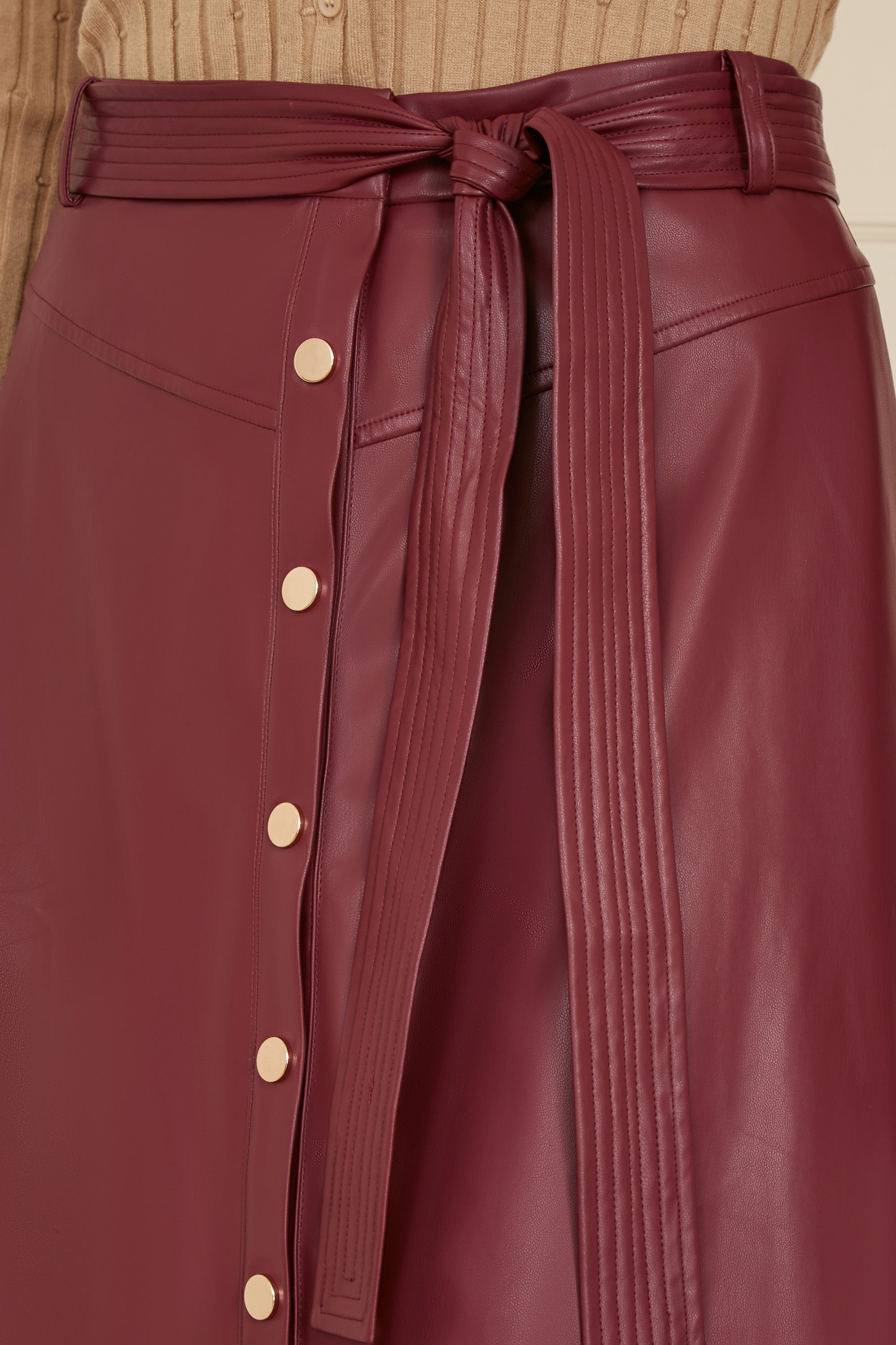 Yumi Burgundy Faux Leather A Line Midi Skirt With Button Up Details - QHA UK