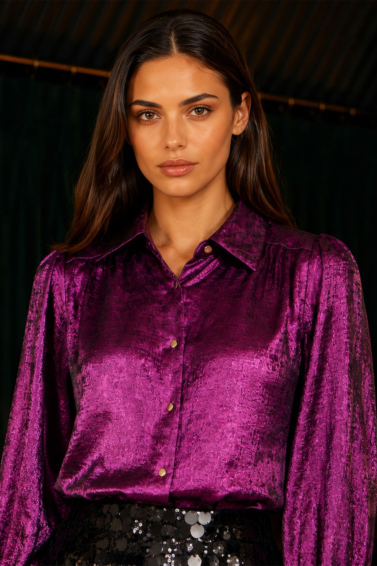 Yumi Women's Pink Metallic Relaxed Balloon-Sleeve Button-Up Collar Shirt