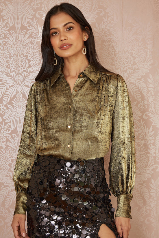 Yumi Gold Metallic Relaxed Balloon Sleeve Shirt - QHA UK