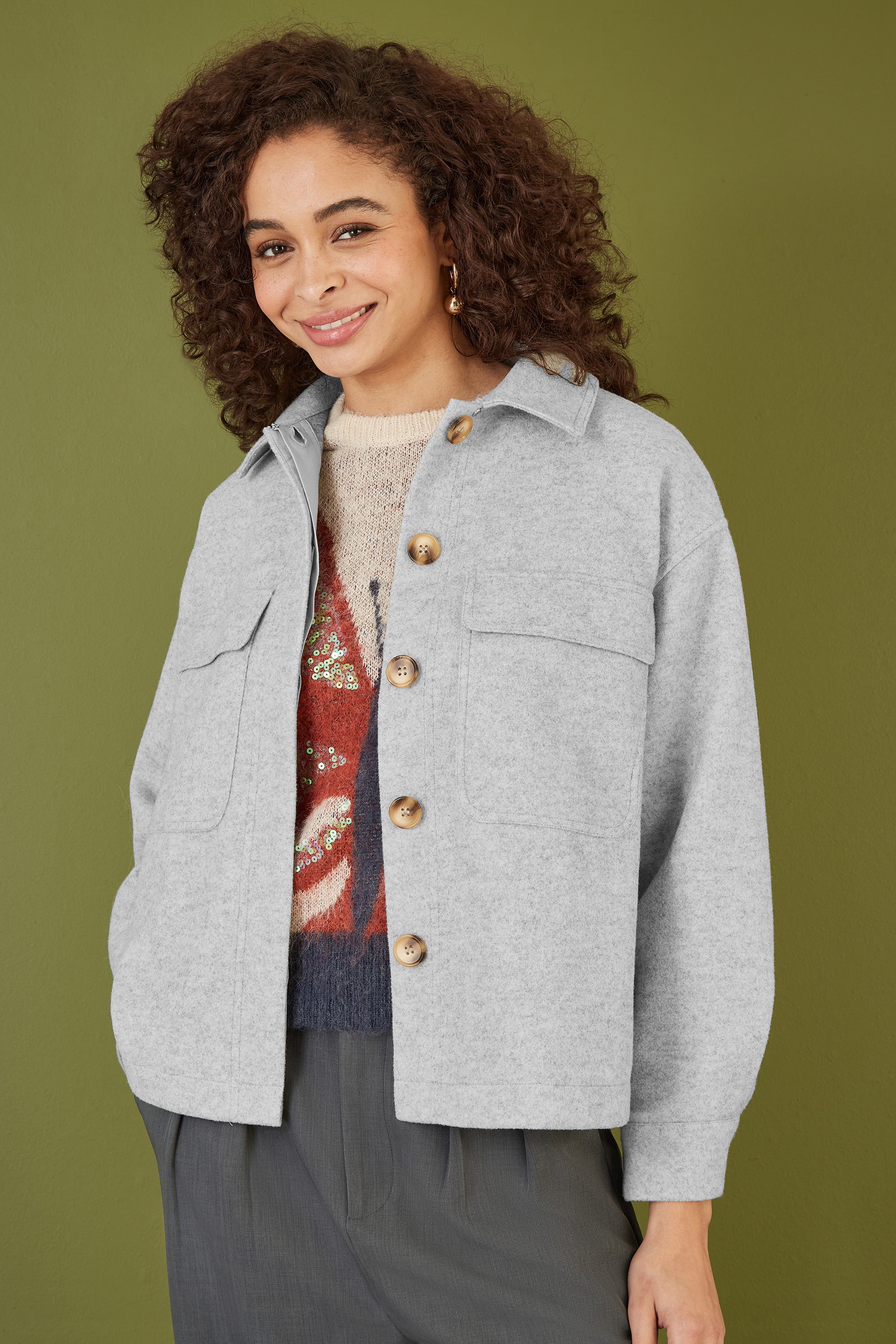 Yumi Grey Woven Shacket With Oversize Pockets