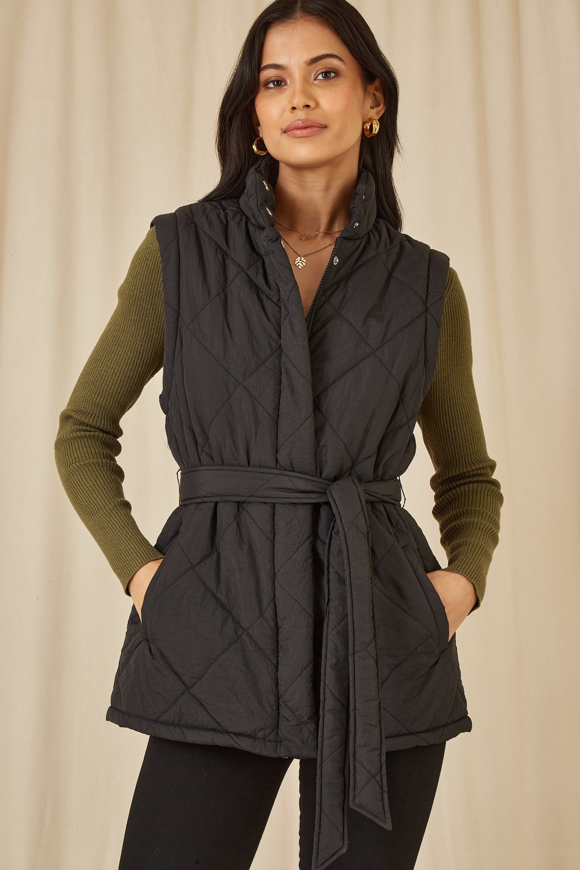 Yumi Black High Neck Quilted Gilet With Belt - QHA UK