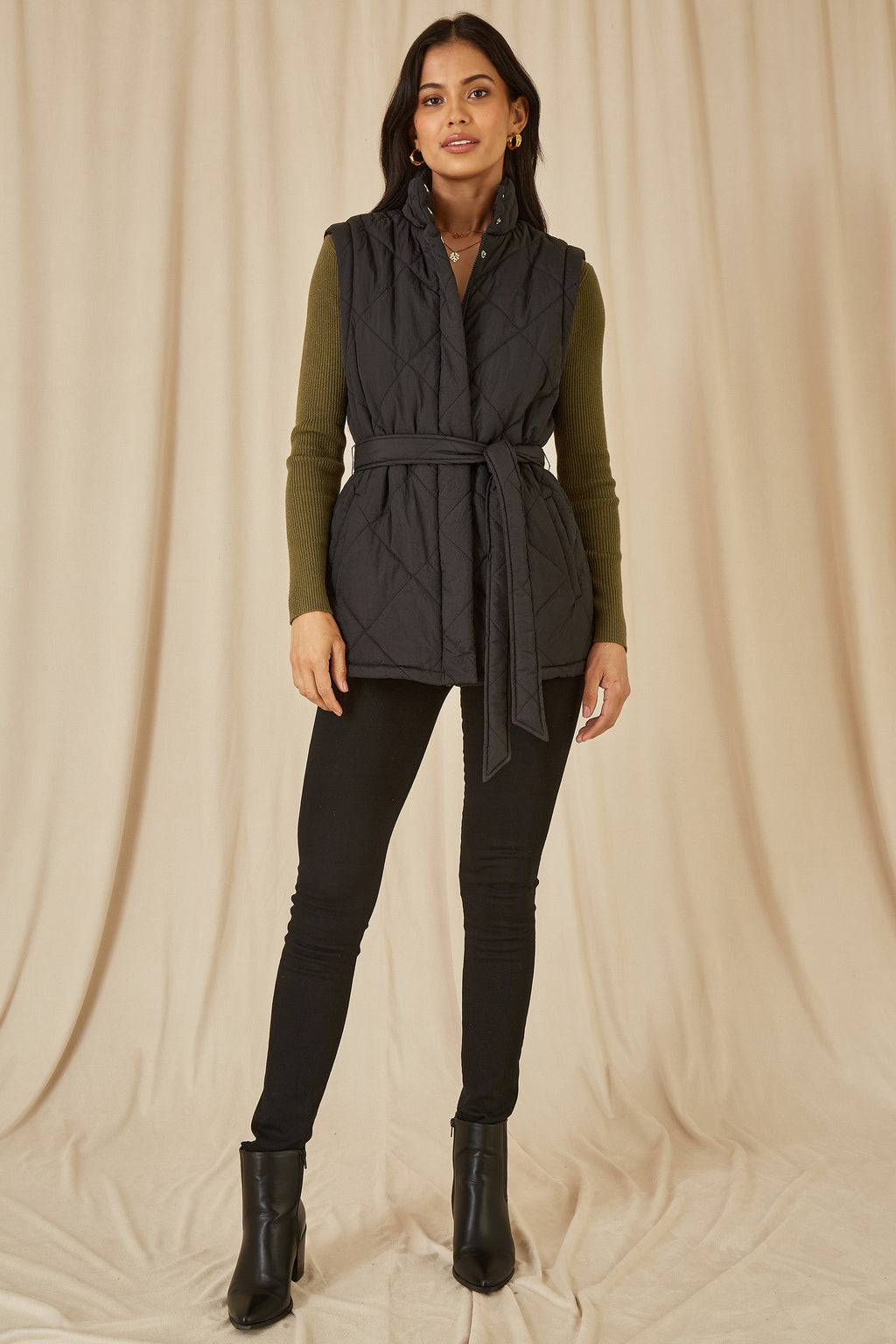 Yumi Black High Neck Quilted Gilet With Belt - QHA UK