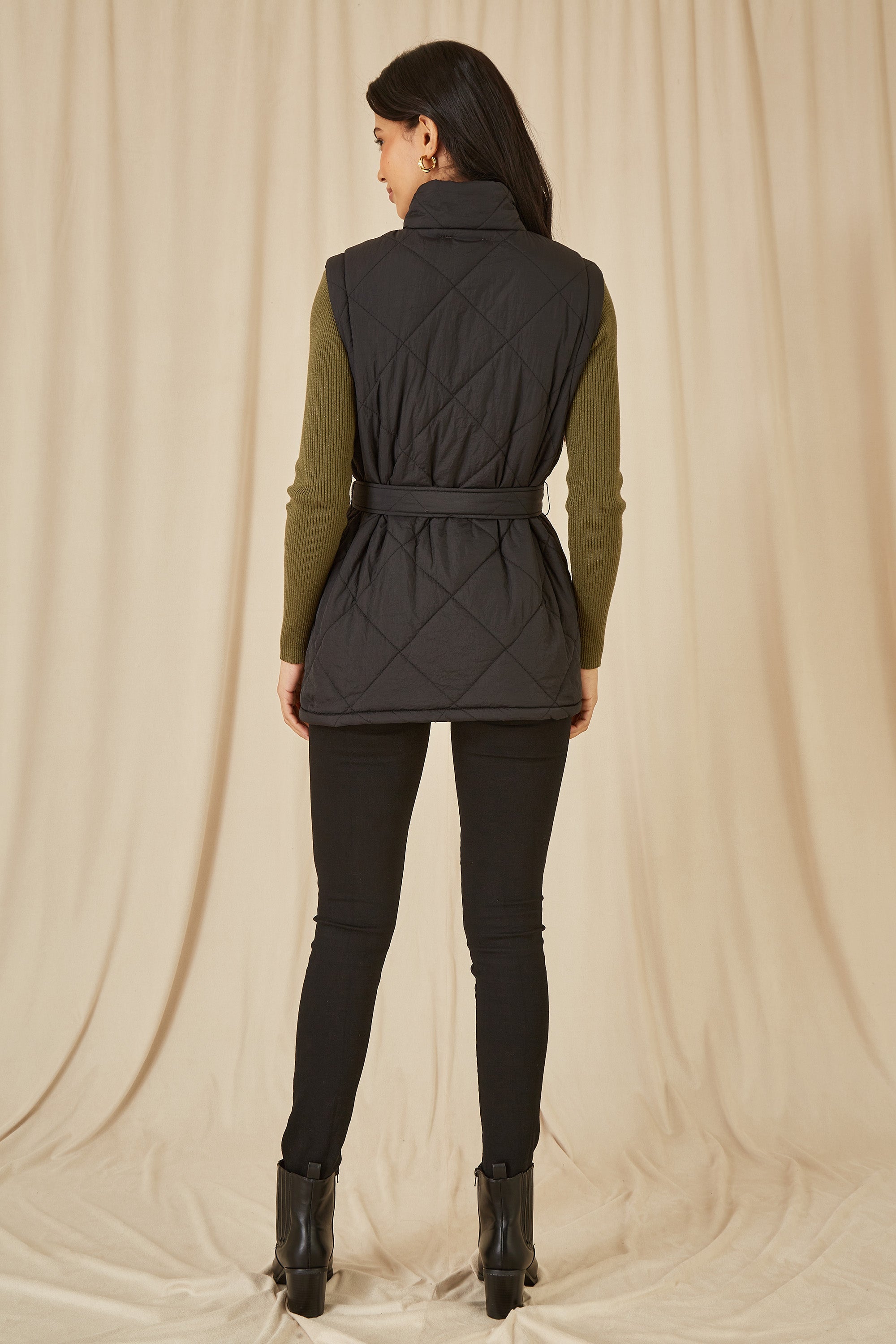 Yumi Black High Neck Quilted Gilet With Belt - QHA UK