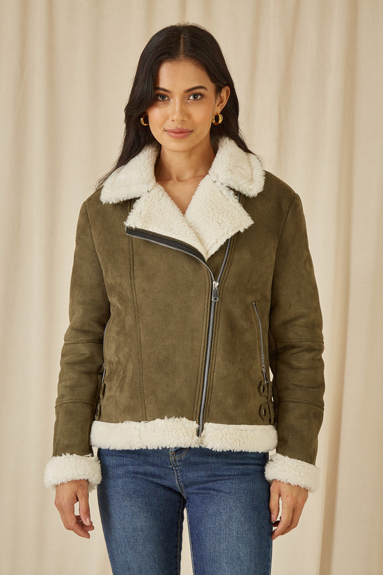 Yumi Green Faux Suede And Shearling Biker Jacket - QHA UK