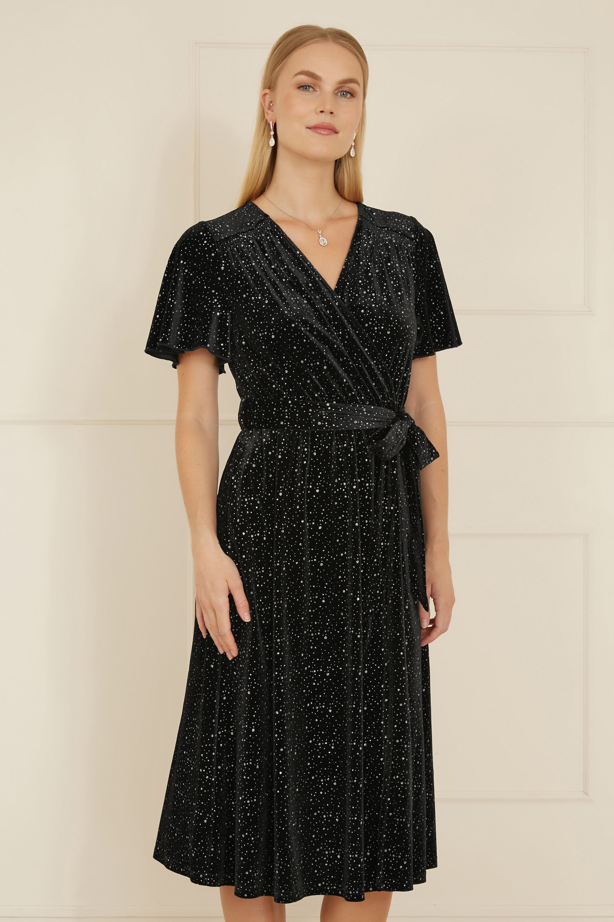 Yumi Black Velvet Sparkle Wrap Midi Dress - QHA UK