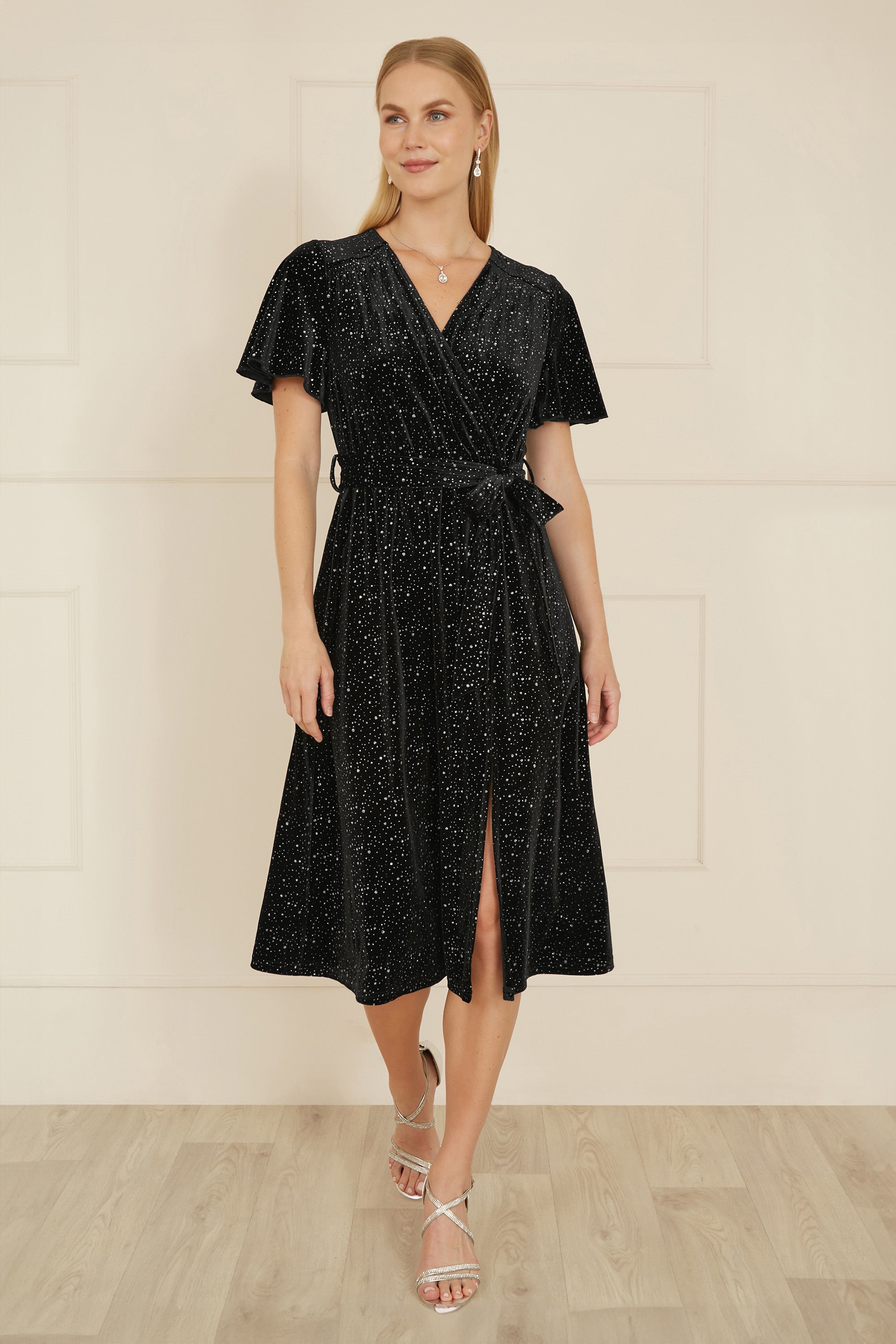 Yumi Black Velvet Sparkle Wrap Midi Dress - QHA UK