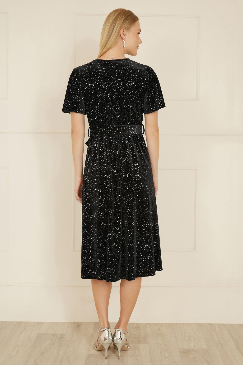 Yumi Black Velvet Sparkle Wrap Midi Dress - QHA UK