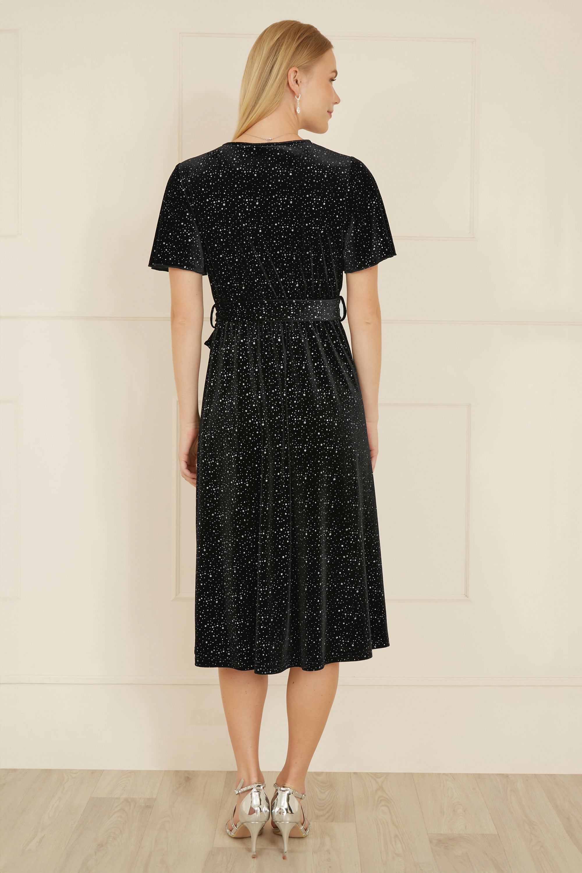 Yumi Black Velvet Sparkle Wrap Midi Dress - QHA UK