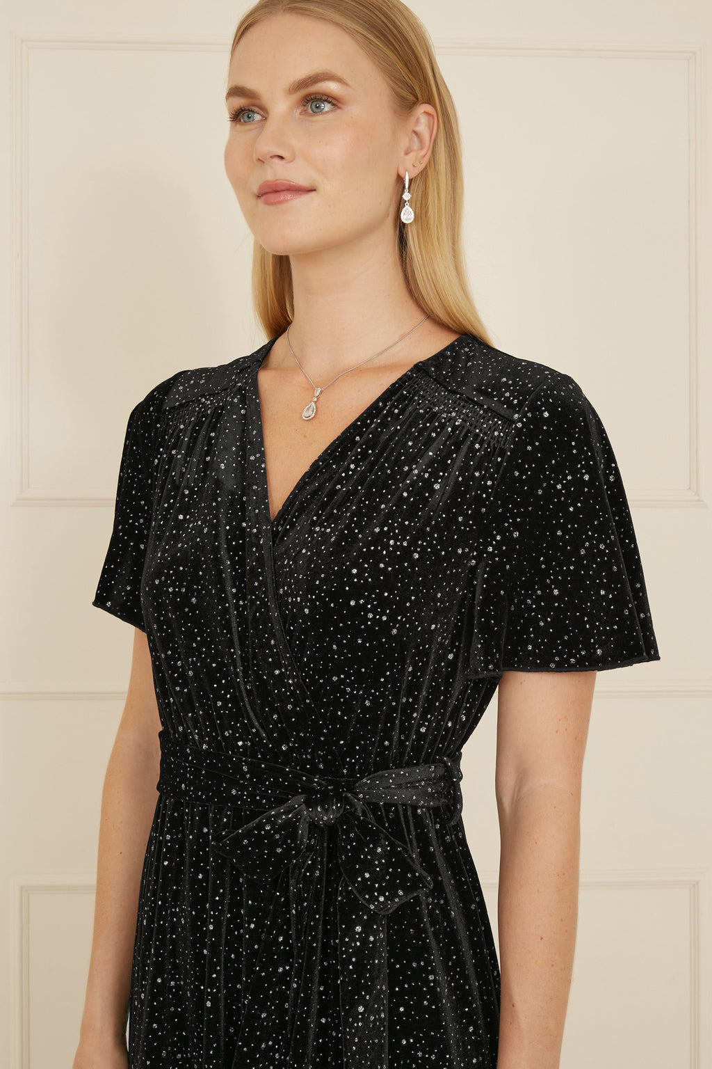 Yumi Black Velvet Sparkle Wrap Midi Dress - QHA UK