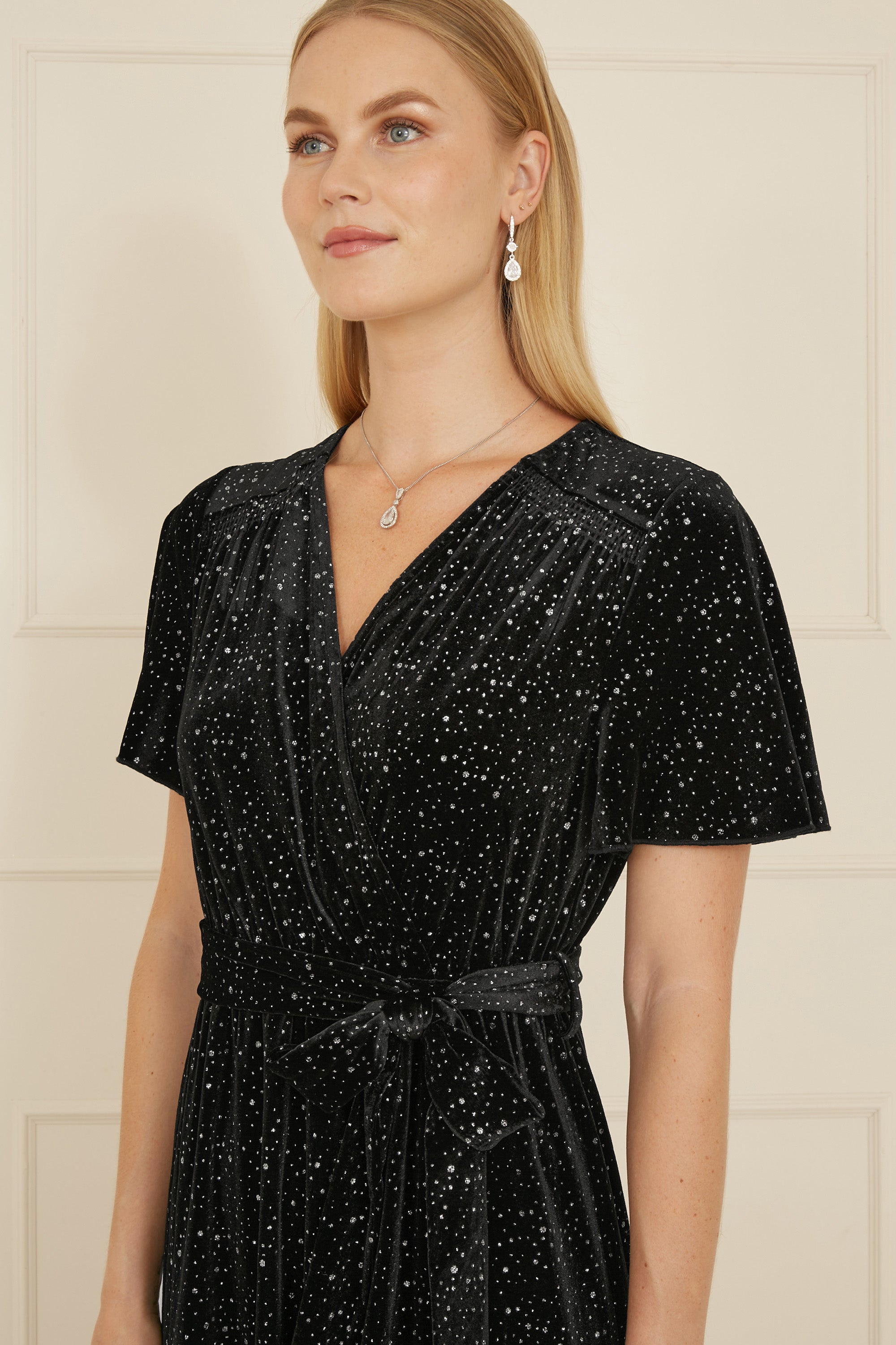 Yumi Black Velvet Sparkle Wrap Midi Dress - QHA UK
