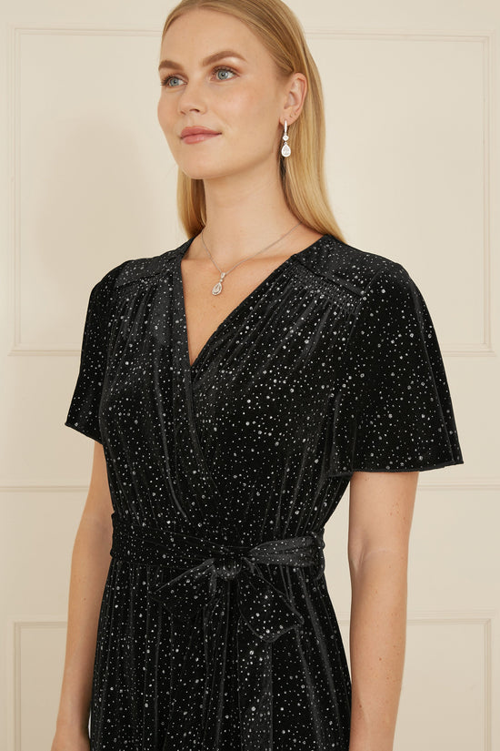 Yumi Black Velvet Sparkle Wrap Midi Dress - QHA UK