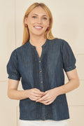 Yumi Blue Chambray Pleated Denim Shirt - QHA UK