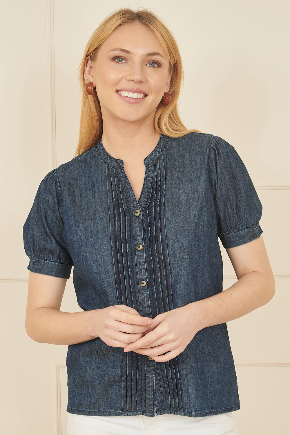 Yumi Blue Chambray Pleated Denim Shirt - QHA UK