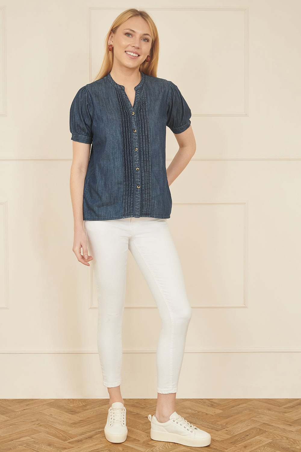 Yumi Blue Chambray Pleated Denim Shirt - QHA UK
