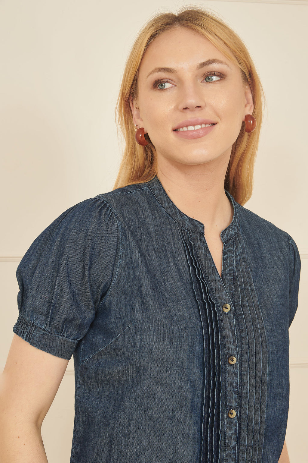 Yumi Blue Chambray Pleated Denim Shirt