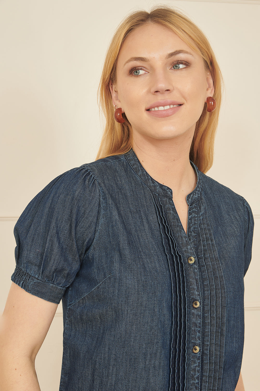 Yumi Blue Chambray Pleated Denim Shirt - QHA UK