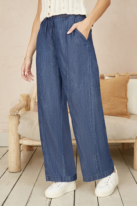 Yumi Blue Chambray Relaxed Fit Wide Leg Trousers - QHA UK