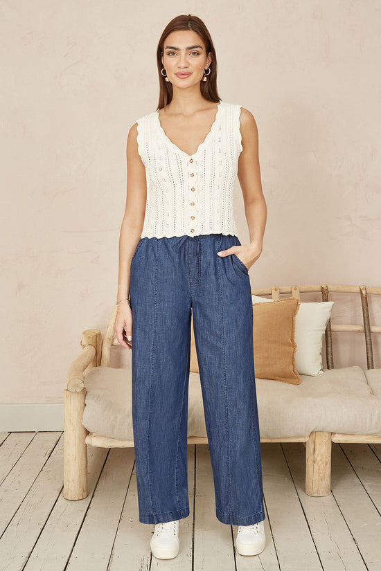 Yumi Blue Chambray Relaxed Fit Wide Leg Trousers - QHA UK